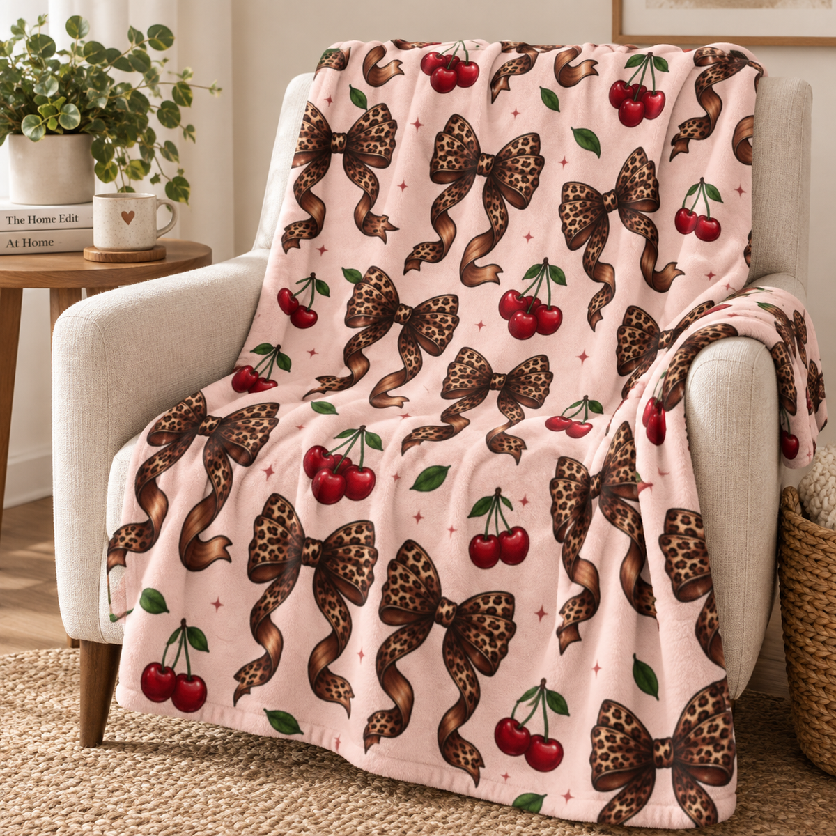 Leopard Bow & Cherries Velveteen Plush Blanket