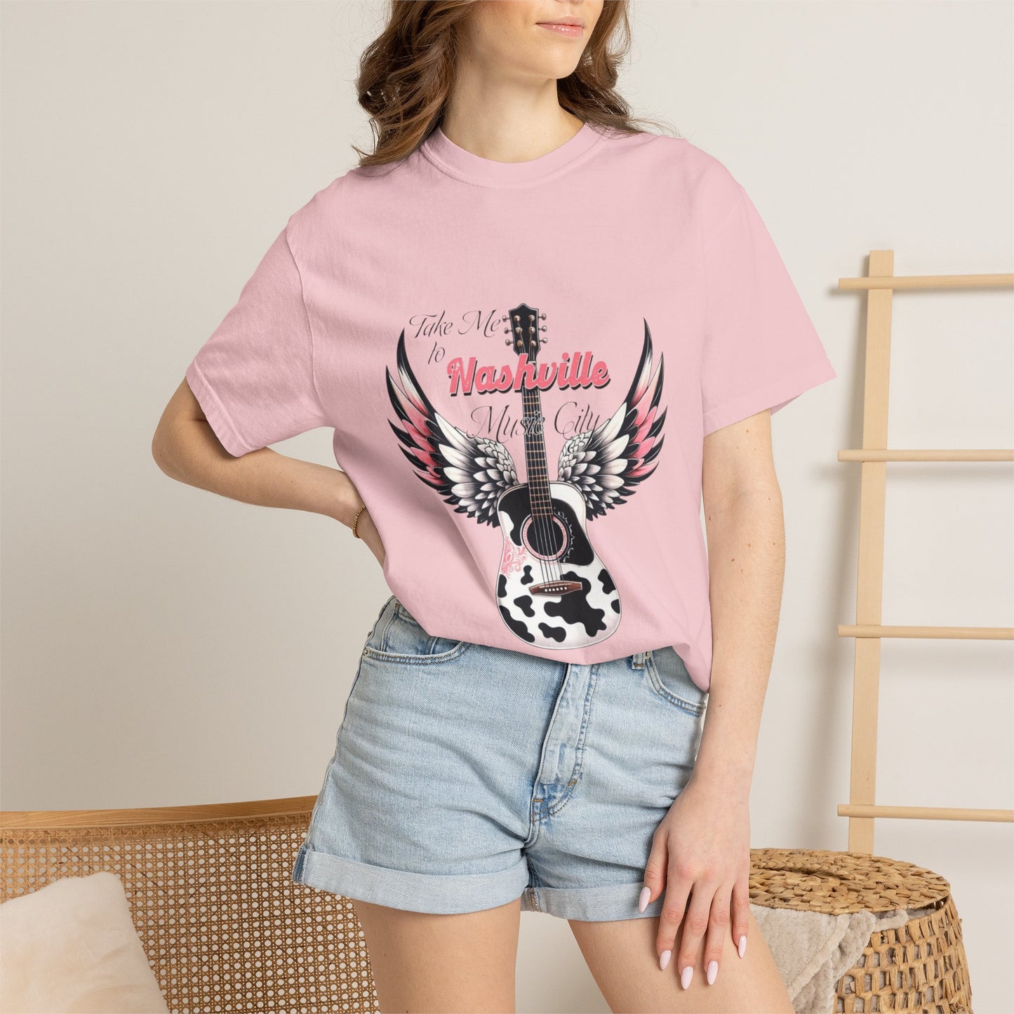 Nashville Winged Acoustic Guitar T‑Shirt — "Nashville" Music City Tee