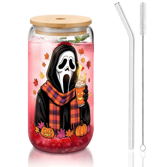 Halloween Ghost Glass Tumbler with Straw Bamboo Lid  (16oz)