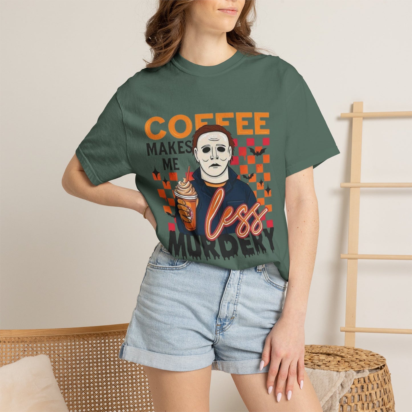 Coffee Makes Me Less Murdery T-Shirt — Funny Horror Coffee Tee