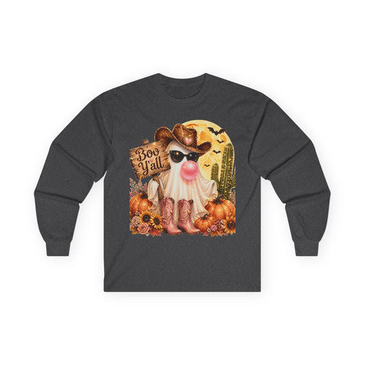 Halloween Gnome Long Sleeve Tee — "Boo Y'all" Pumpkin Cowboy Graphic