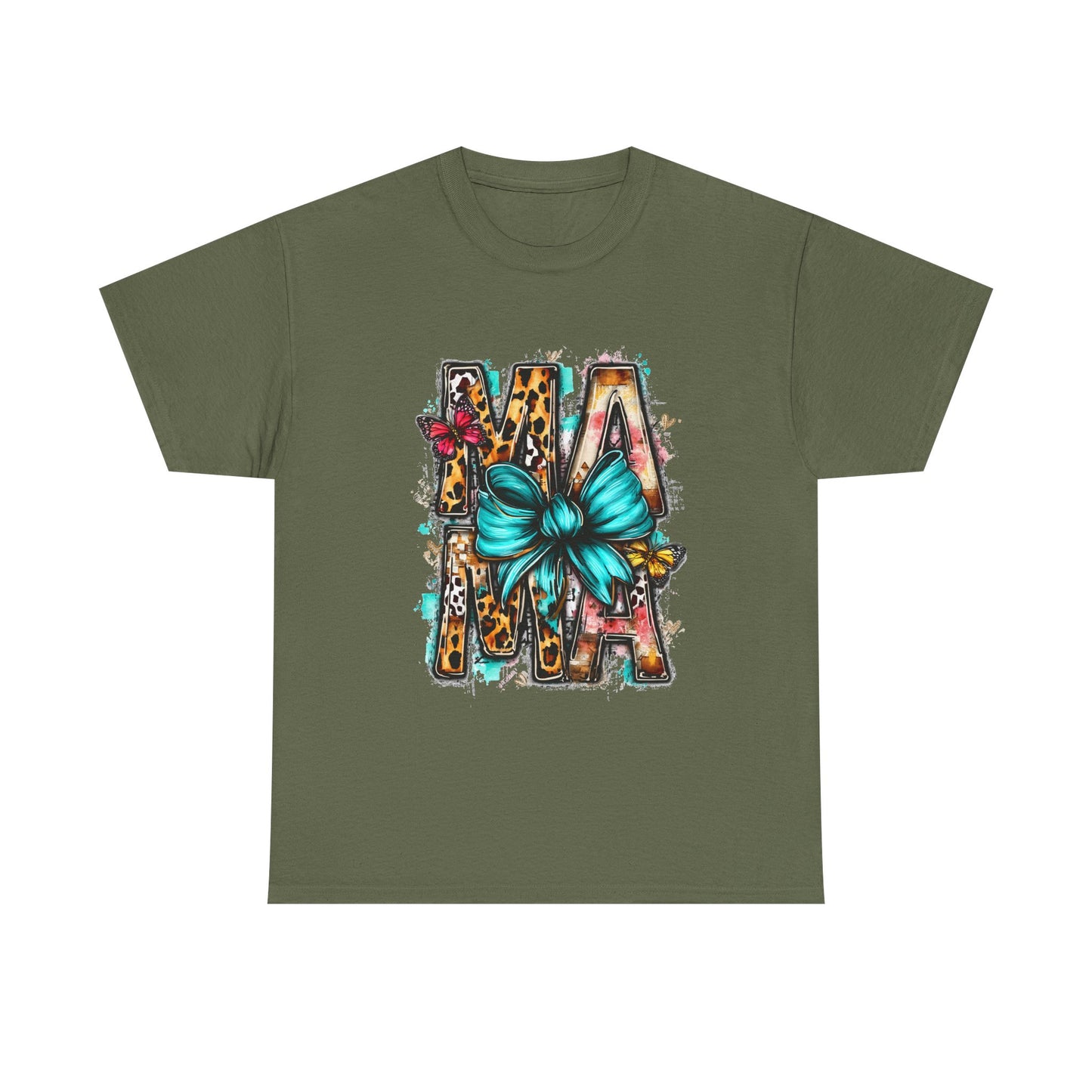 Mama Leopard Print Tee with Teal Bow — Mother's Day Graphic T-Shirt
