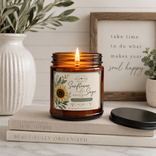 Sunflower & Sage Scented Soy Candle — 4oz & 9oz Amber Jar with Black Lid