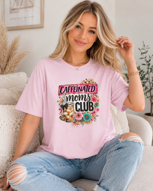 Caffeinated Moms Club T-Shirt - Floral Coffee Lover Tee for Moms