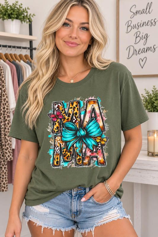 Mama Leopard Print Tee with Teal Bow — Mother's Day Graphic T-Shirt
