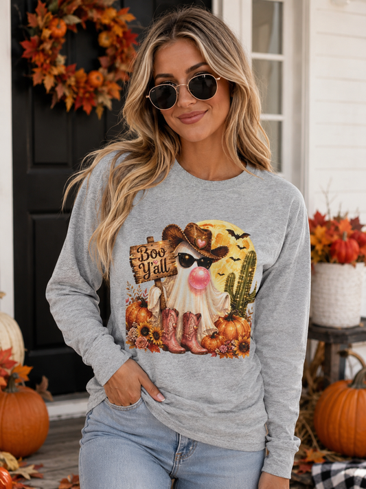 Halloween Gnome Long Sleeve Tee — "Boo Y'all" Pumpkin Cowboy Graphic