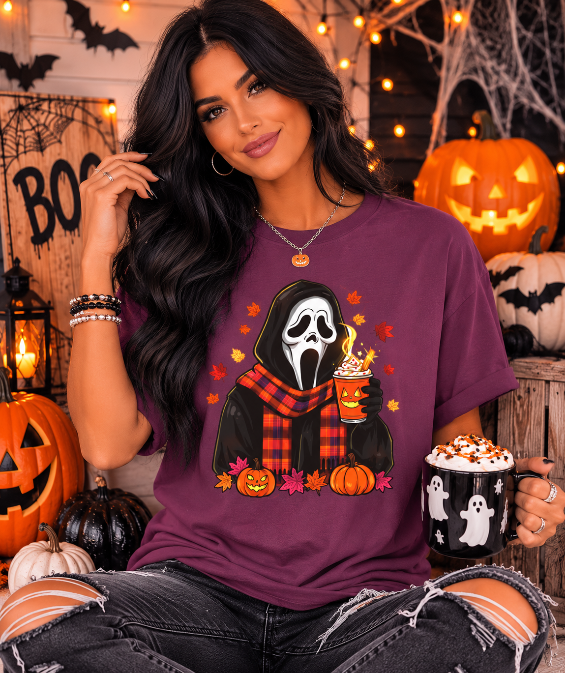 Halloween Ghostface Pumpkin T-Shirt — Cozy Fall Scarf & Pumpkin Spice Design