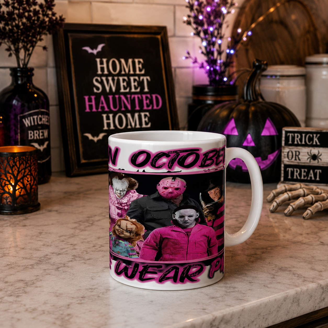 "In October We Wear Pink" Slasher Character Coffee Cup (11oz)