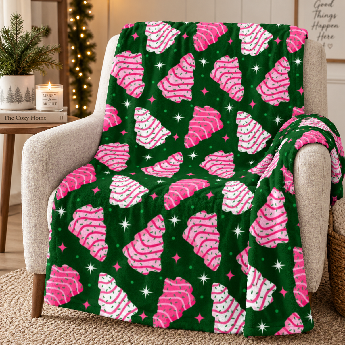 Festive Pink Christmas Tree Plush Blanket