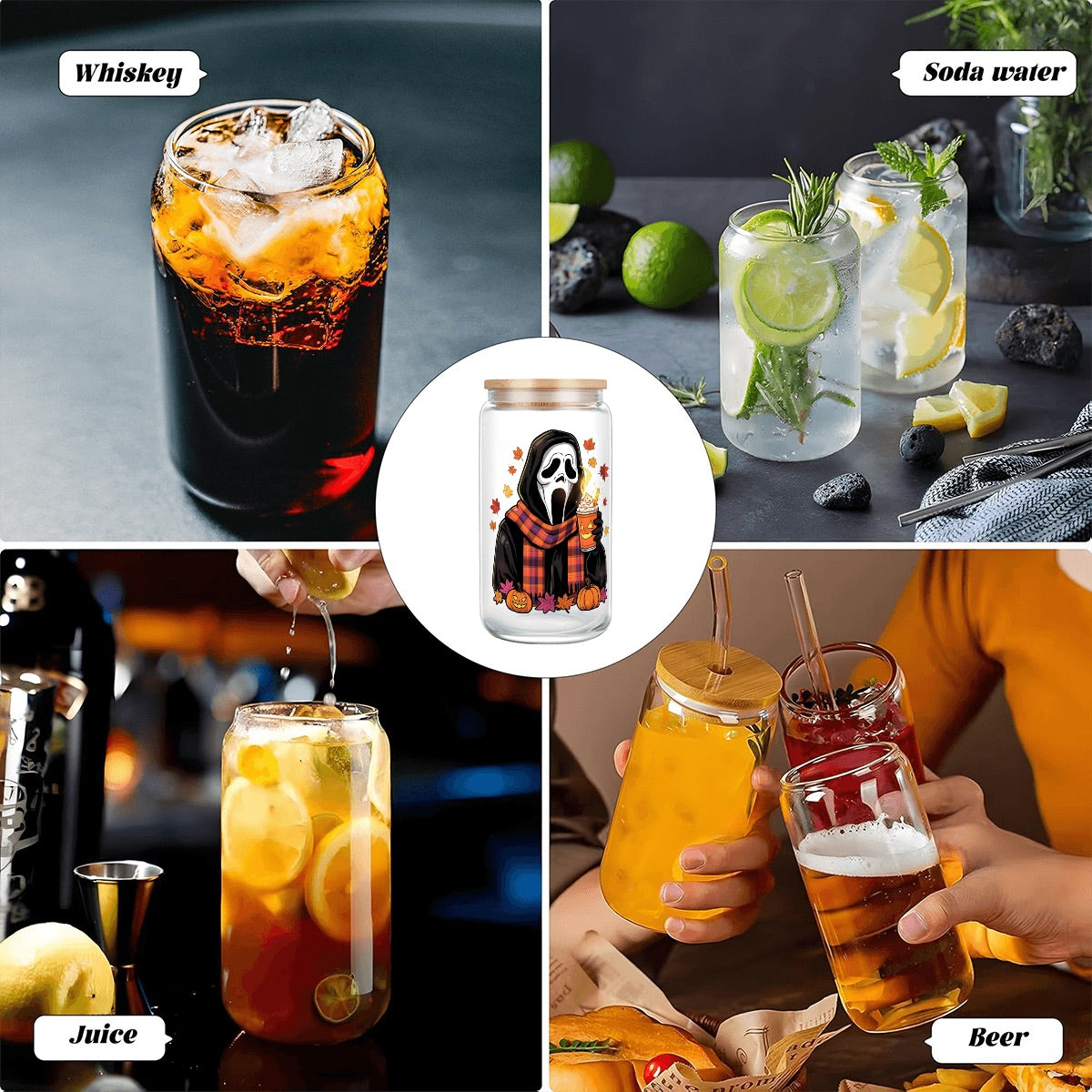 Halloween Ghost Glass Tumbler with Straw Bamboo Lid  (16oz)