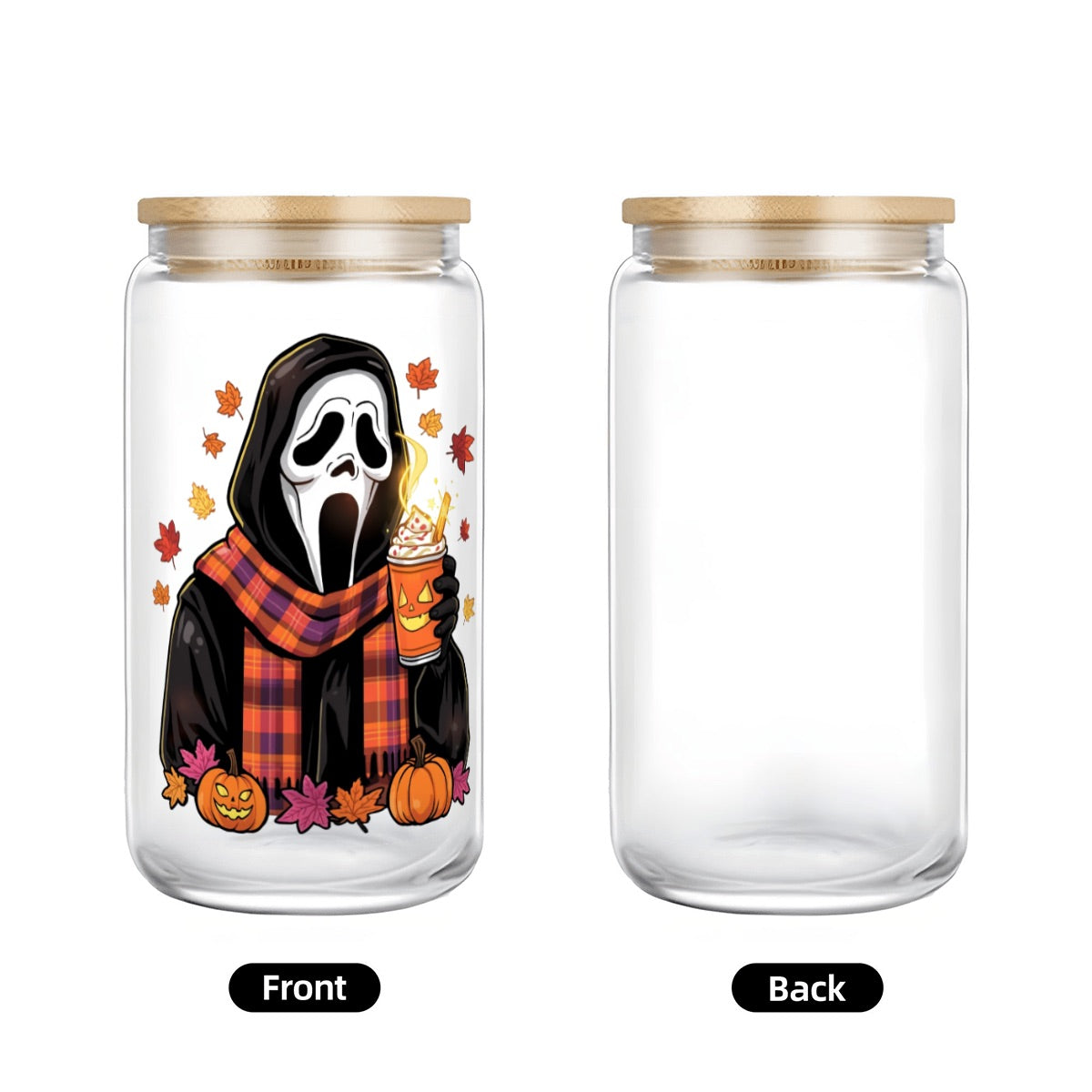 Halloween Ghost Glass Tumbler with Straw Bamboo Lid  (16oz)