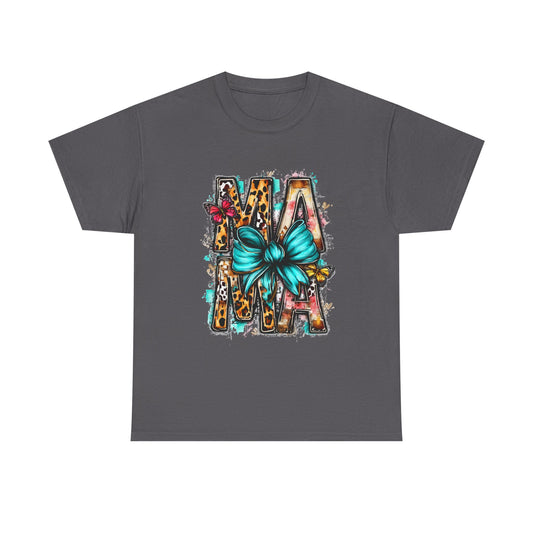 Mama Leopard Print Tee with Teal Bow — Mother's Day Graphic T-Shirt