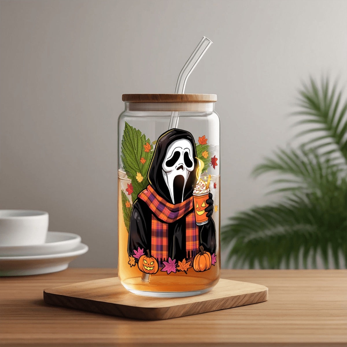 Halloween Ghost Glass Tumbler with Straw Bamboo Lid  (16oz)