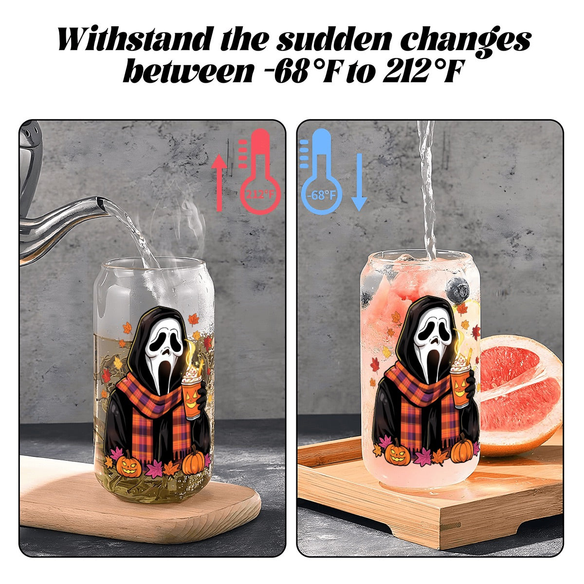 Halloween Ghost Glass Tumbler with Straw Bamboo Lid  (16oz)