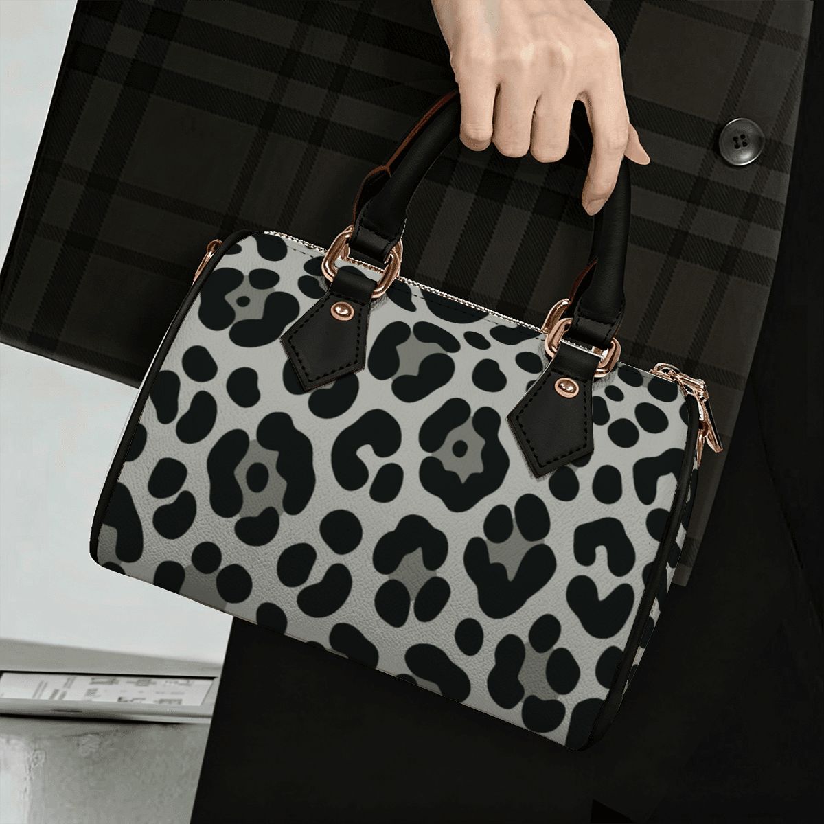 Grey Cheetah Print Barrel Bag Waterproof Crossbody Handbag