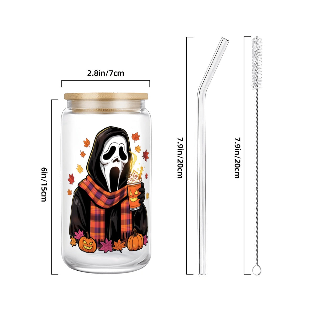 Halloween Ghost Glass Tumbler with Straw Bamboo Lid  (16oz)