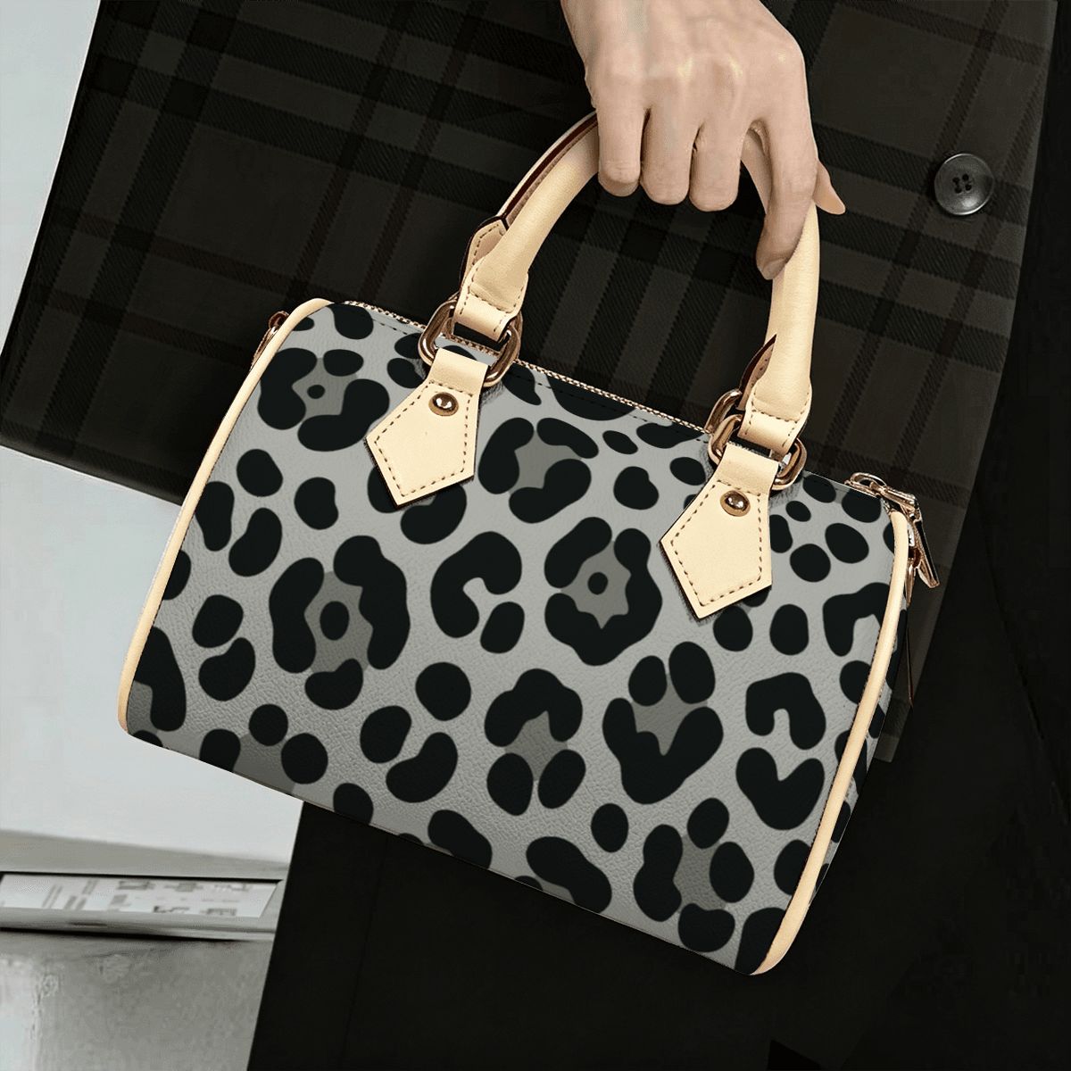 Grey Cheetah Print Barrel Bag Waterproof Crossbody Handbag