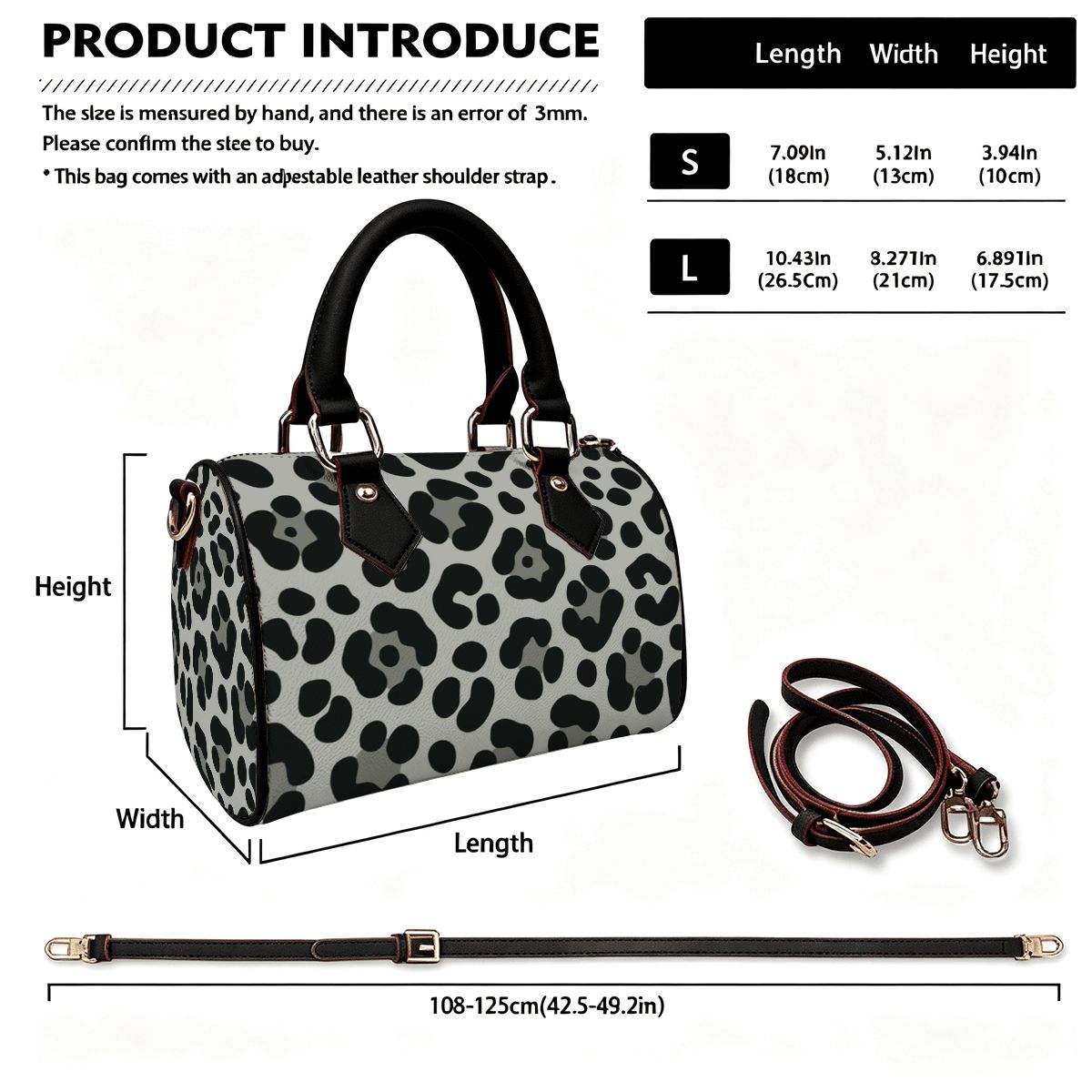 Grey Cheetah Print Barrel Bag Waterproof Crossbody Handbag